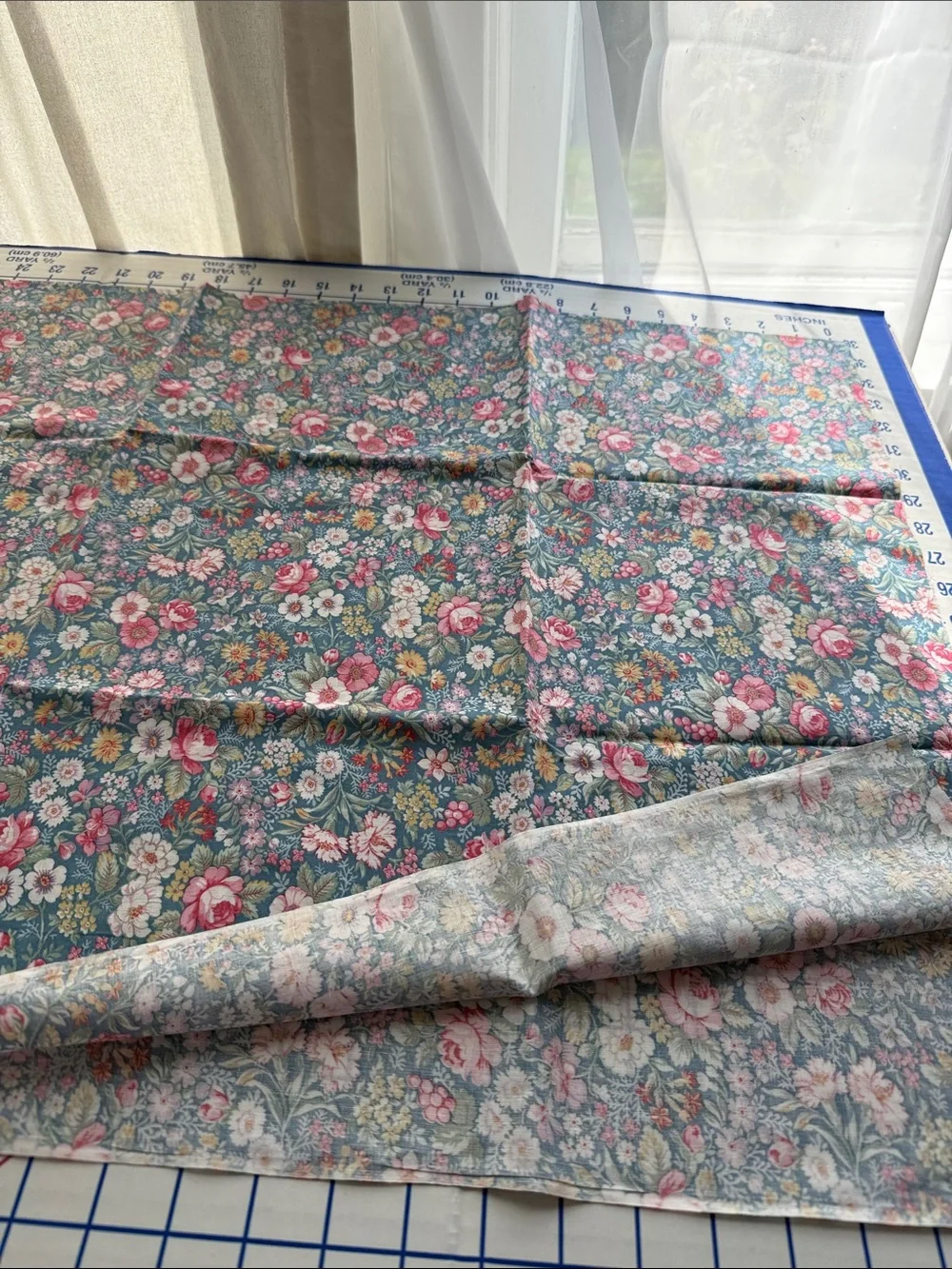 Vintage 1980s Floral Fabric 1 Yard x 44 Teal Pink Roses English Garden Cotton